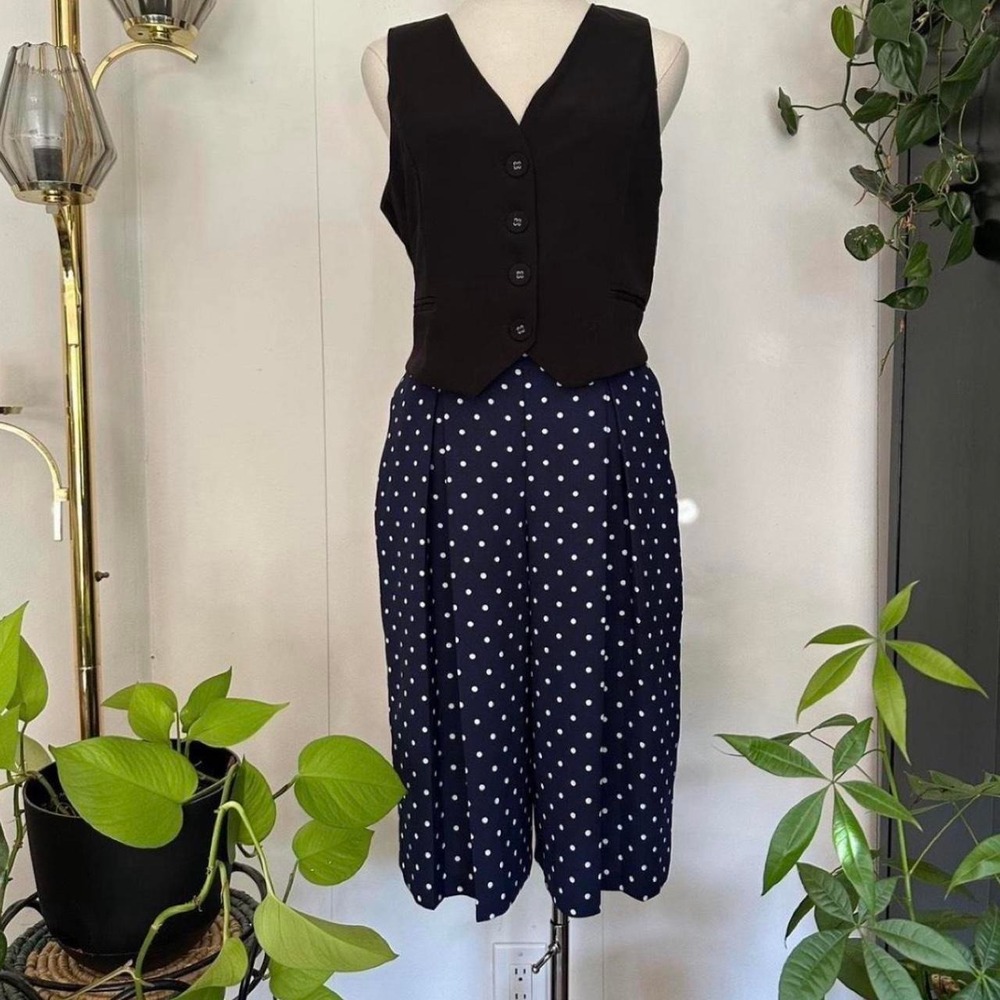 Maison Jules Navy White Polka Dot Wide Leg Capris High Waisted Pleated Pants 2